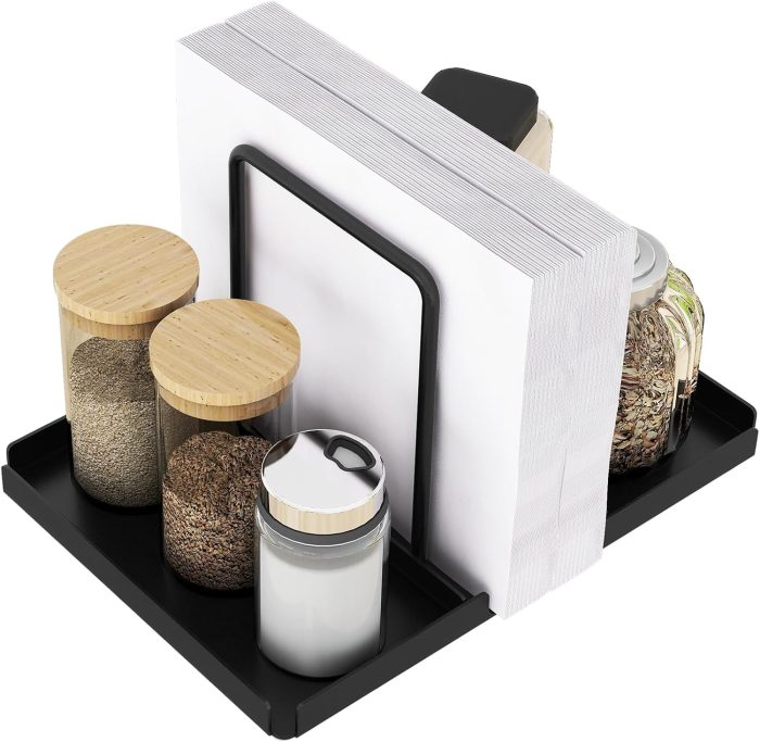 Napkin Holder for Table, Metal Napkin Holder with Salt and Pepper Shakers Caddy, Standing Paper Napkin Storage for Kitchen Dining Table Decor, Black