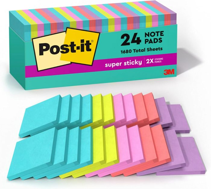 Post-it Super Sticky Notes, 3×3 in, 24 Pads, 2x the Sticking Power, Supernova Neons, Bright Colors, Recyclable