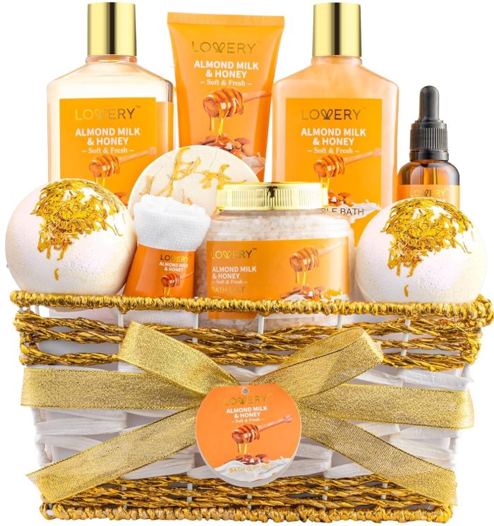 Gift Basket for Women – 10 Pc Almond Milk & Honey Beauty & Personal Care Set – Home Bath Pampering Package for Relaxing – Spa Self Care Kit – Thank You, Birthday, Mom, Anniversary Gift