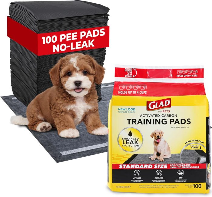 Glad for Pets Black Charcoal Puppy Pads – Super Absorbent Disposable Dog Pee Pads, Potty Training Pads, and Pet Supplies – Dog Pee Pads for Crate Training and Indoor Use 23″ x 23″ – 100 Count