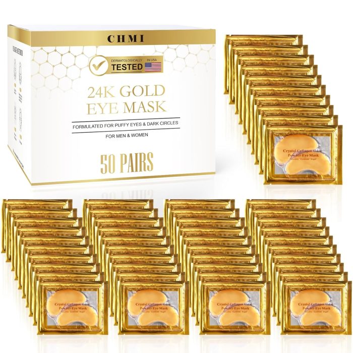 CHMI Under Eye Patches (50 Pairs) – 24K Gold Eye Patches for Puffy Eyes, Dark Circles, Eye Bags and Wrinkles, Collagen Skin Care Products, Beauty & Personal Care